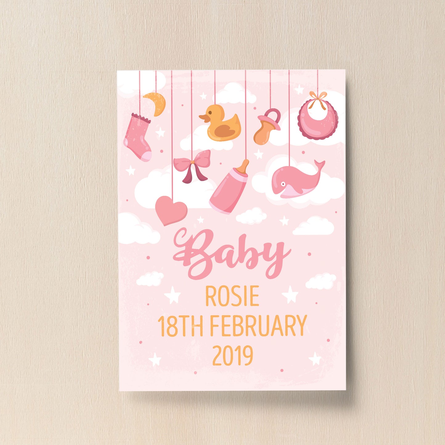 Birth Details Print PERSONALISED Baby Girl Gift Pink Nursery Art