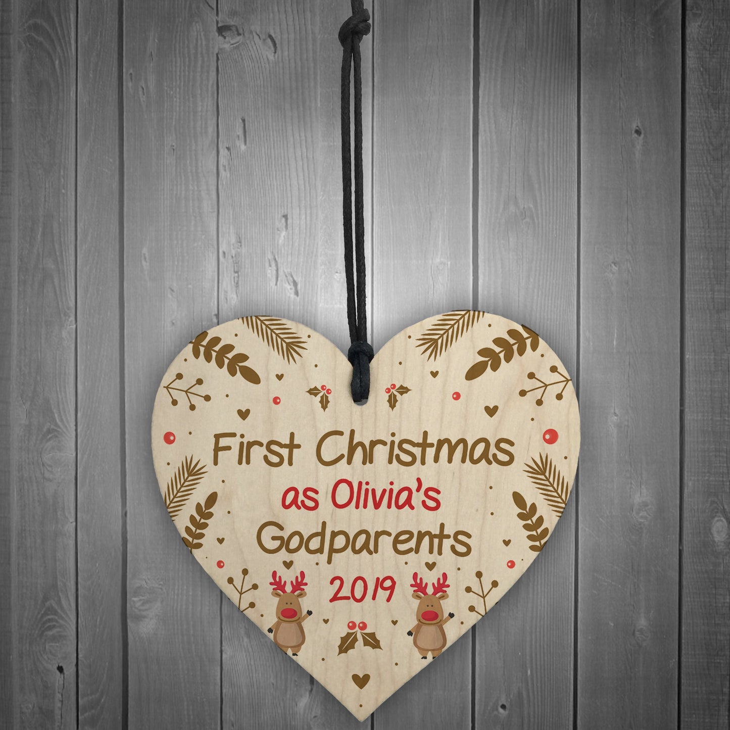 Godparents Gift Personalised 1st Christmas Decoration Wood Heart