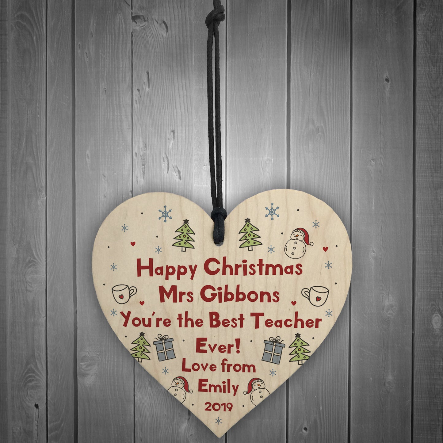 Handmade Christmas Heart Personalised Best Teacher Thankyou Gift