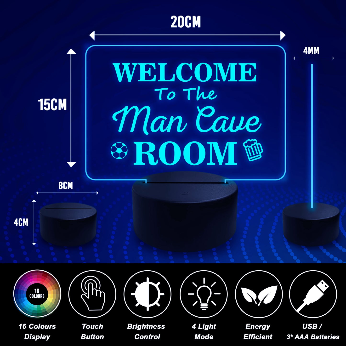 LED Man Cave Sign 16 Colour Light Up Plaque For Boys Room