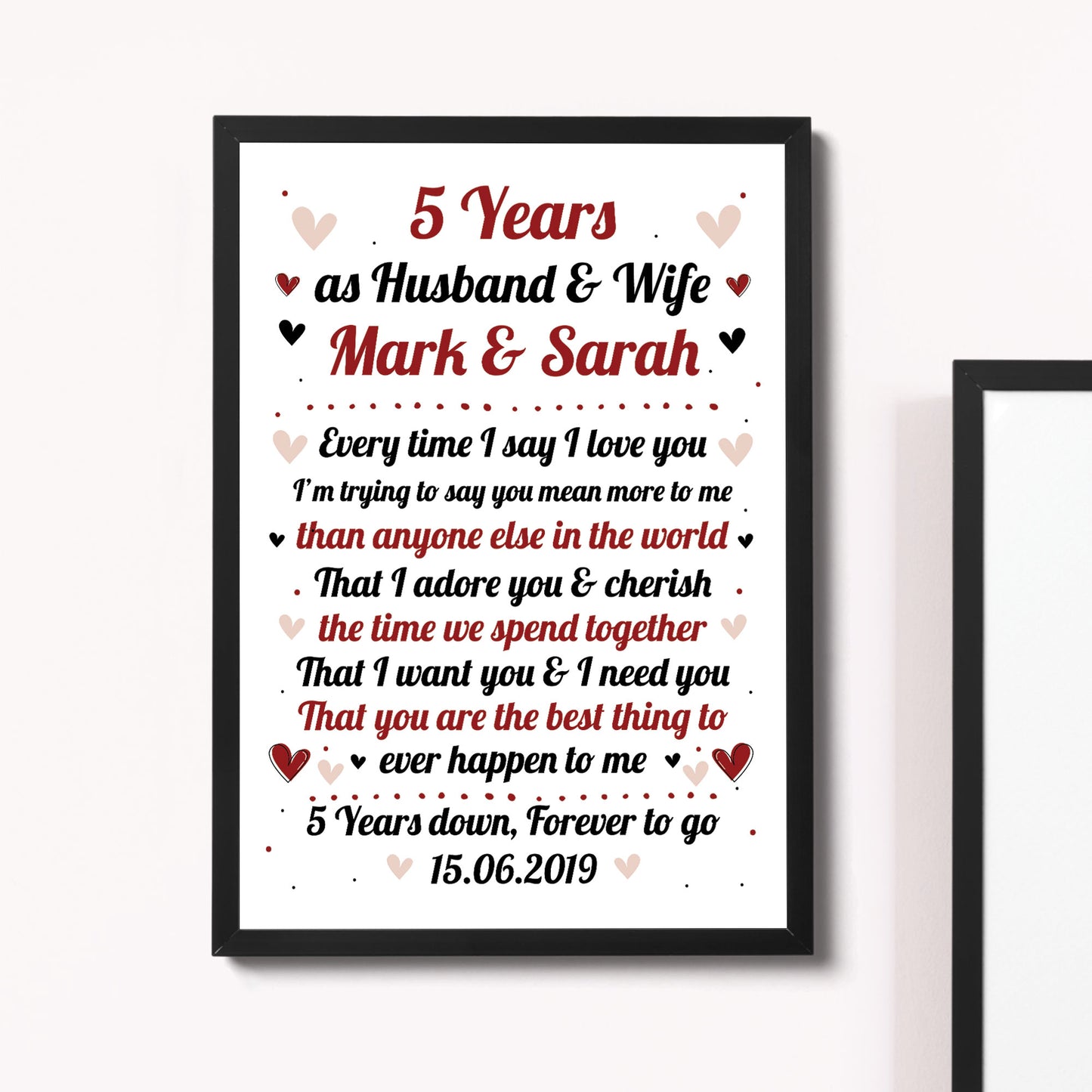 5th Wedding Anniversary Gift For Husband or Wife Framed Print