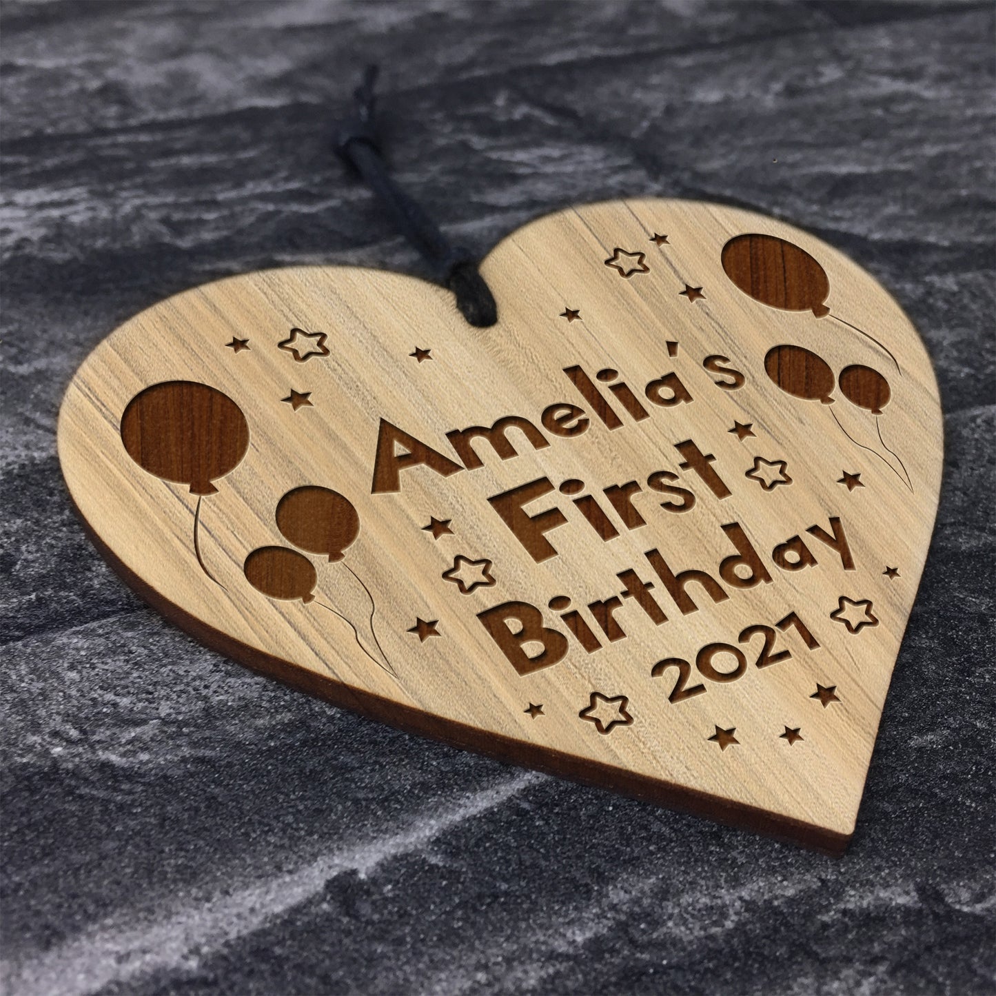Baby Boy Girls First Birthday Keepsake Wood Heart Engraved Heart