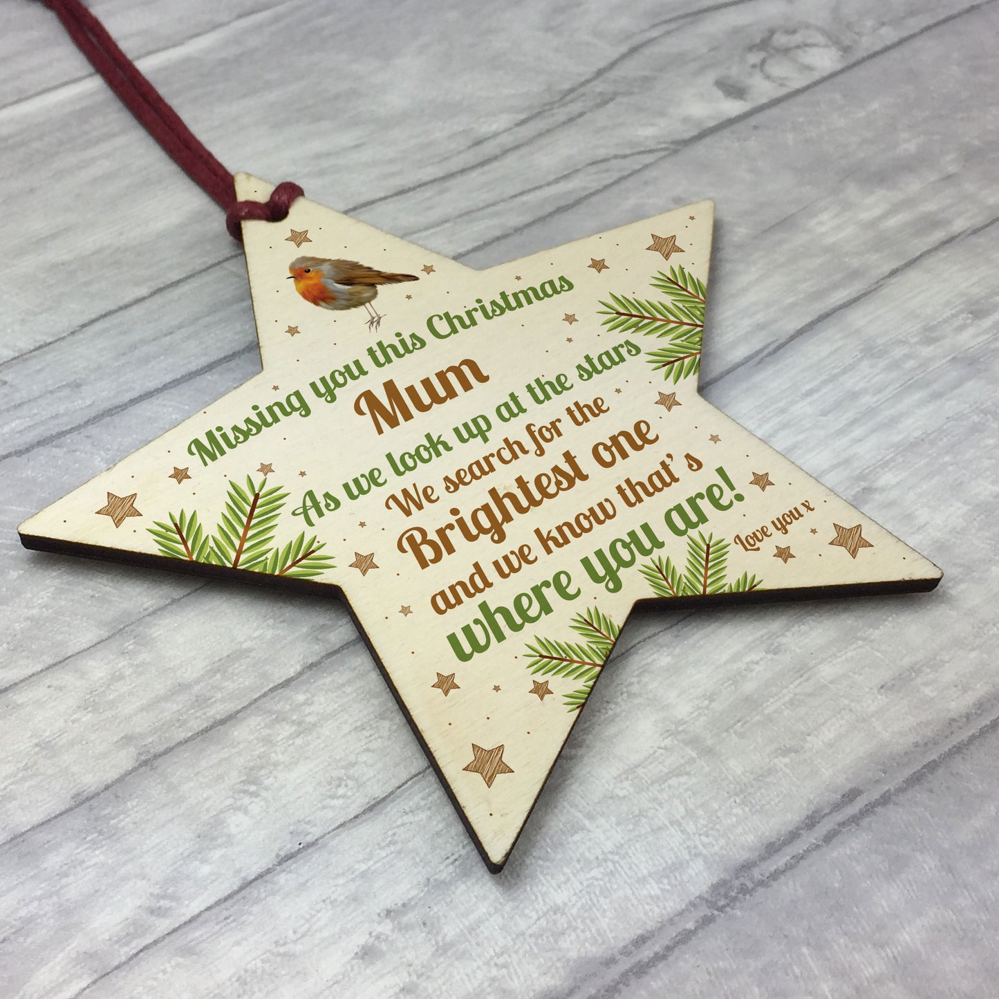 Mum Robin Memorial Chirstmas Tree Bauble Wooden Star Xmas Decor