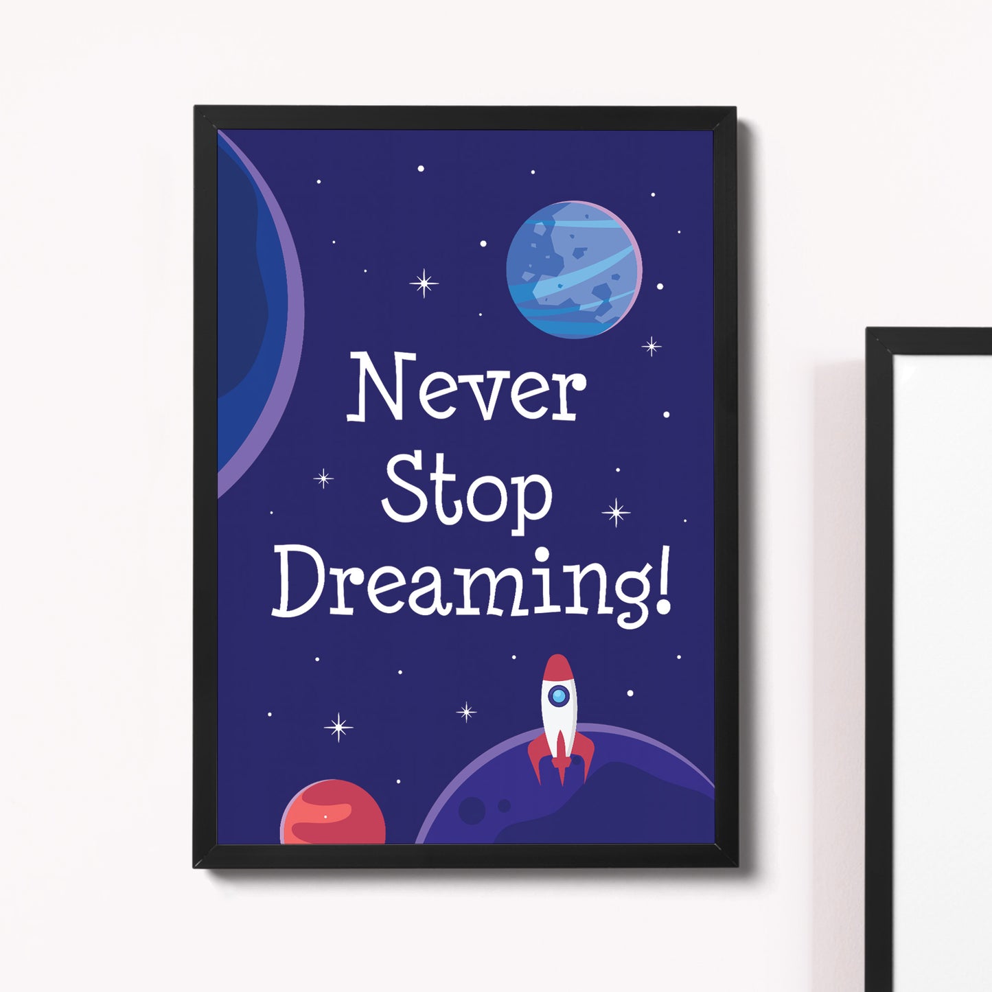 Never Stop Dreaming Quote Space Theme Framed Print Bedroom Sign