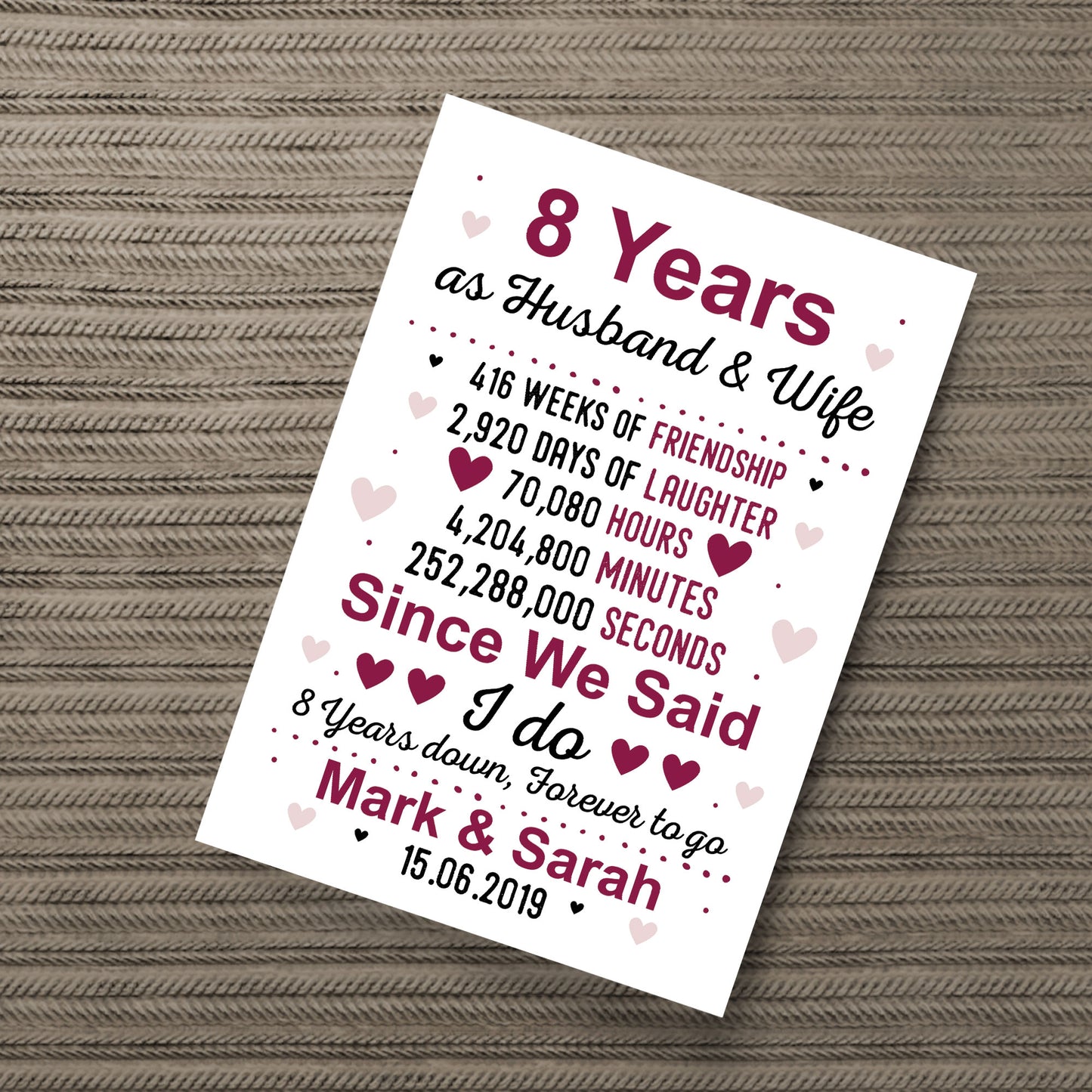 8th Anniversary Gift Personalised Print 8th Anniversary Card