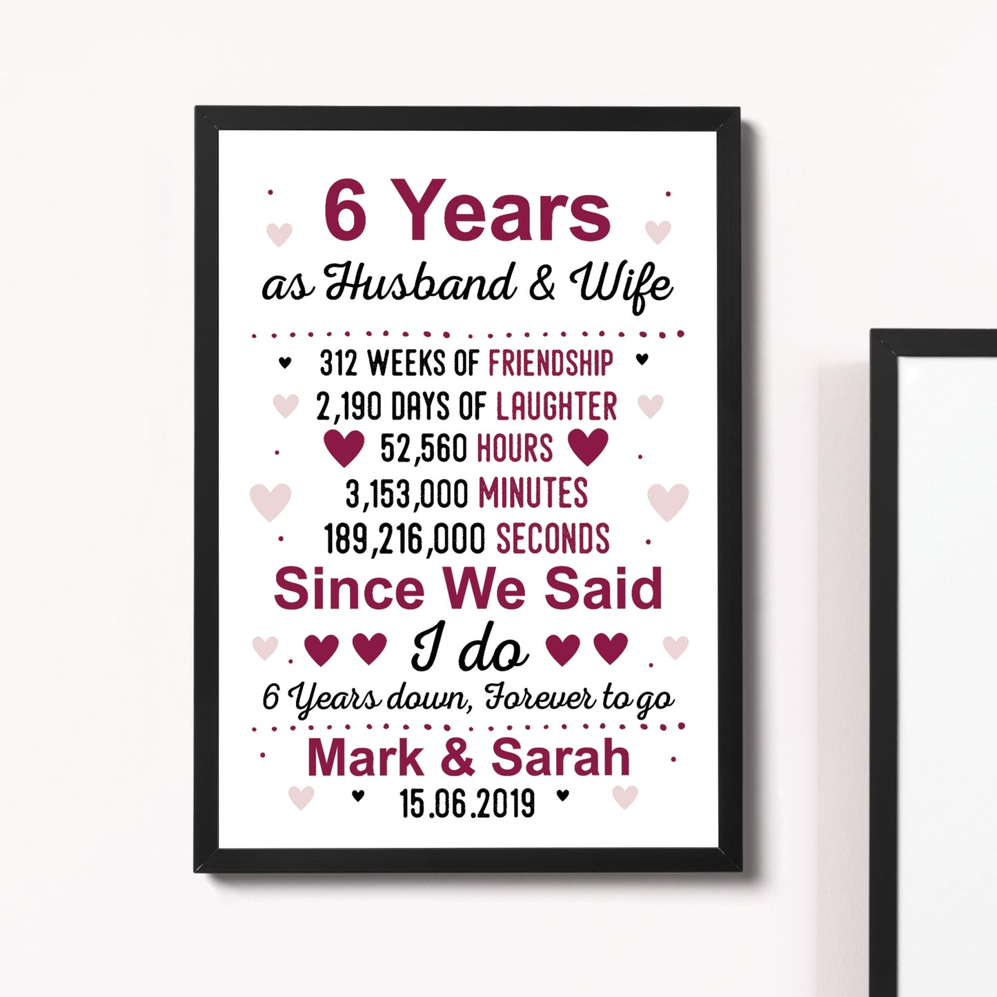 6th Anniversary Gift Personalised Framed Print 6th Anniversary