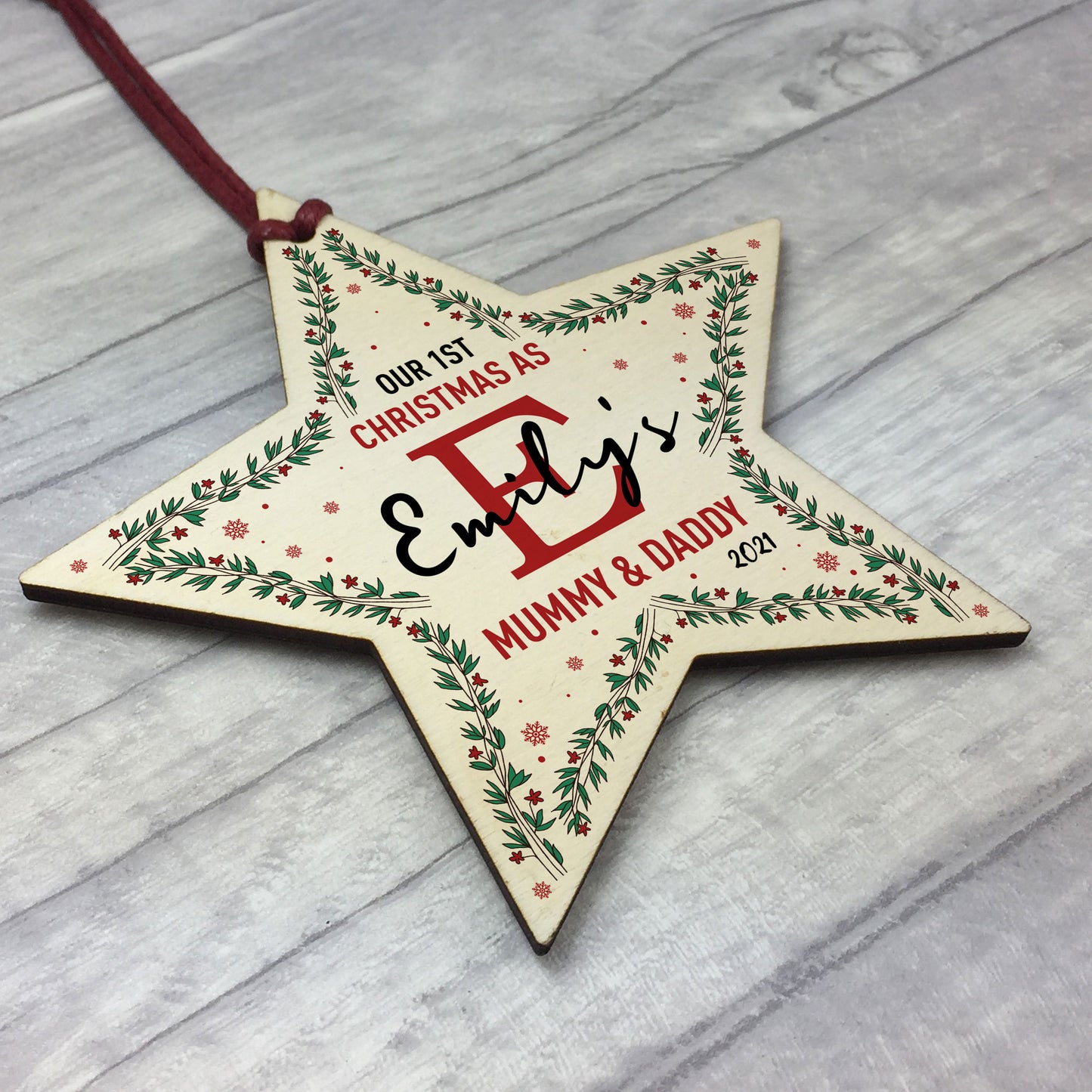 Personalised 1st Christmas As Mummy Daddt Wood Star Tree Decor