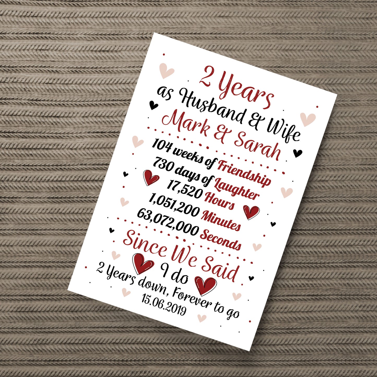 Personalised Wedding Print 2nd Year Anniversary Husband Wife