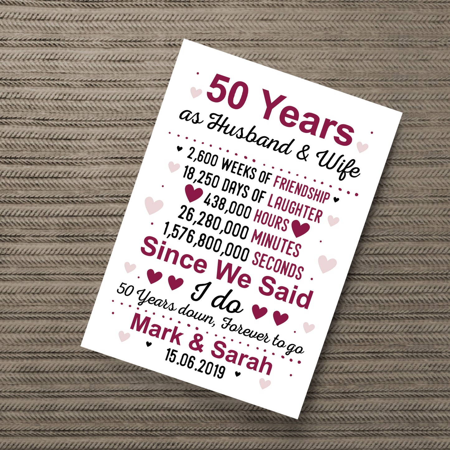 50th Anniversary Gift Personalised Print 50th Anniversary Card