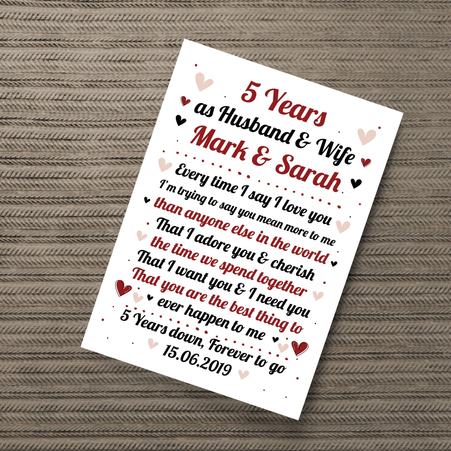 5th Wedding Anniversary Gift For Husband or Wife Print Keepsake