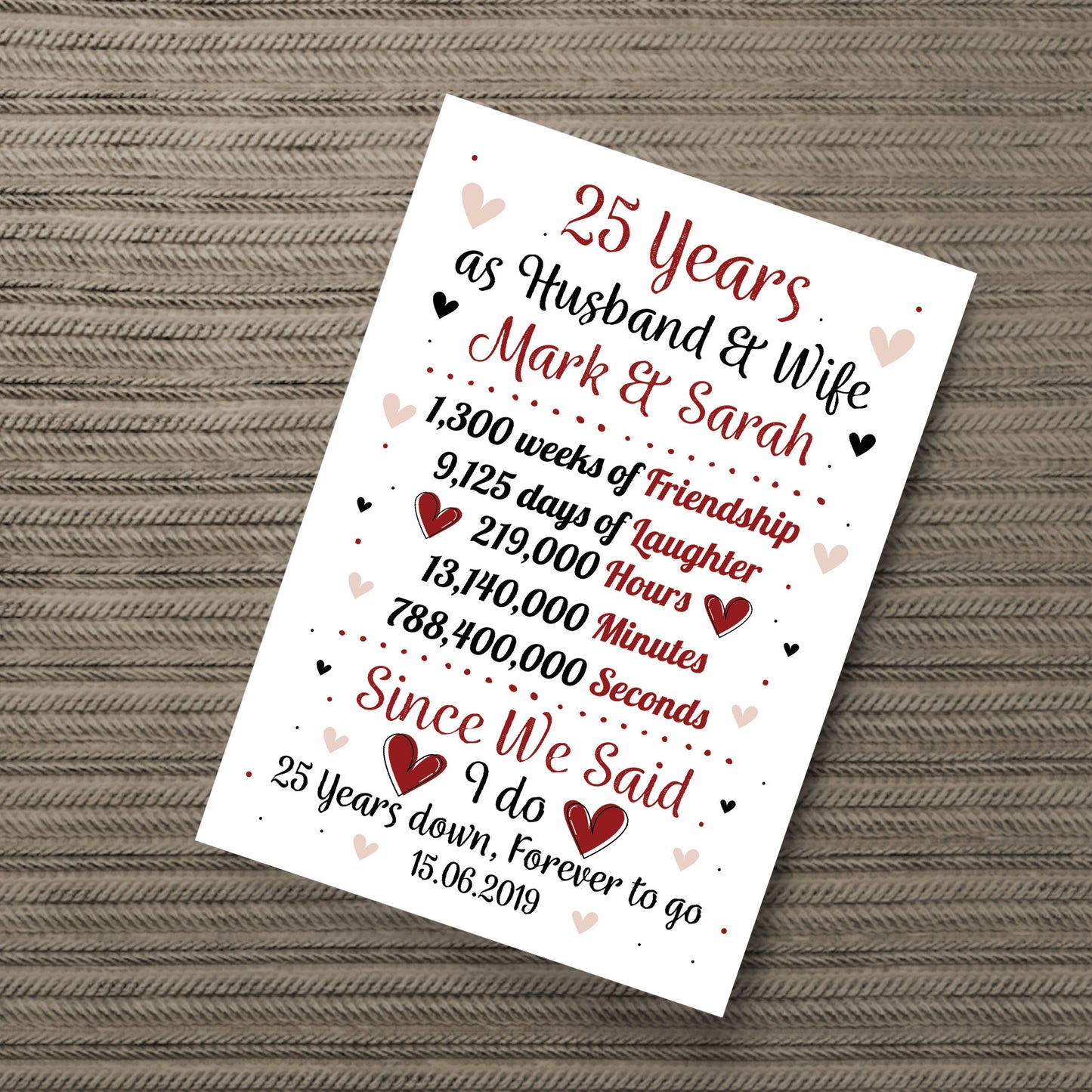 Personalised Wedding Print 25th Year Anniversary Husband Wife