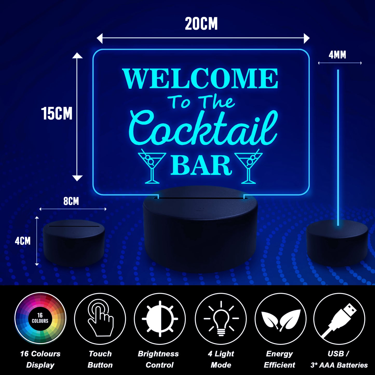 Cocktail Bar Neon Sign LED Light Up 16 Colour Plaque Home Bar