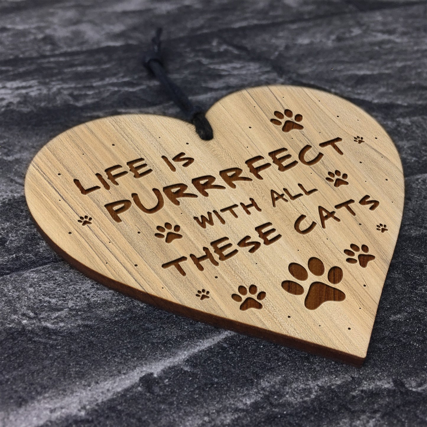 Life Is Puuurrfect Funny Cat Sign Cat Gift Wood Engraved Heart