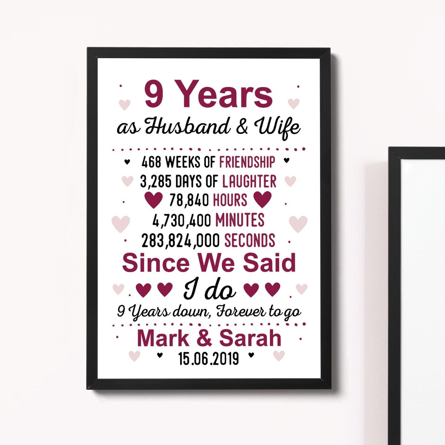 9th Anniversary Gift Personalised Framed Print 9th Anniversary