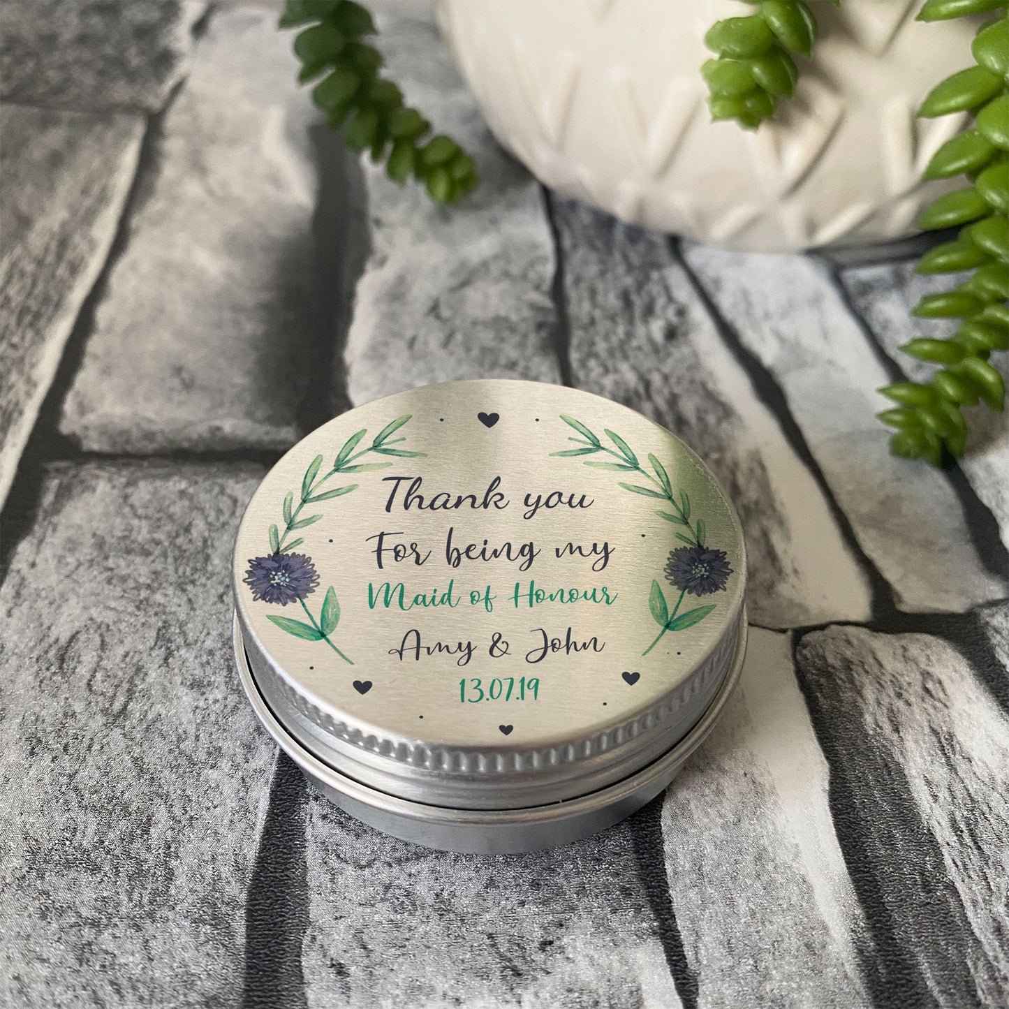Personalised Wedding Favour Metal Tin Table Decor Maid of Honour
