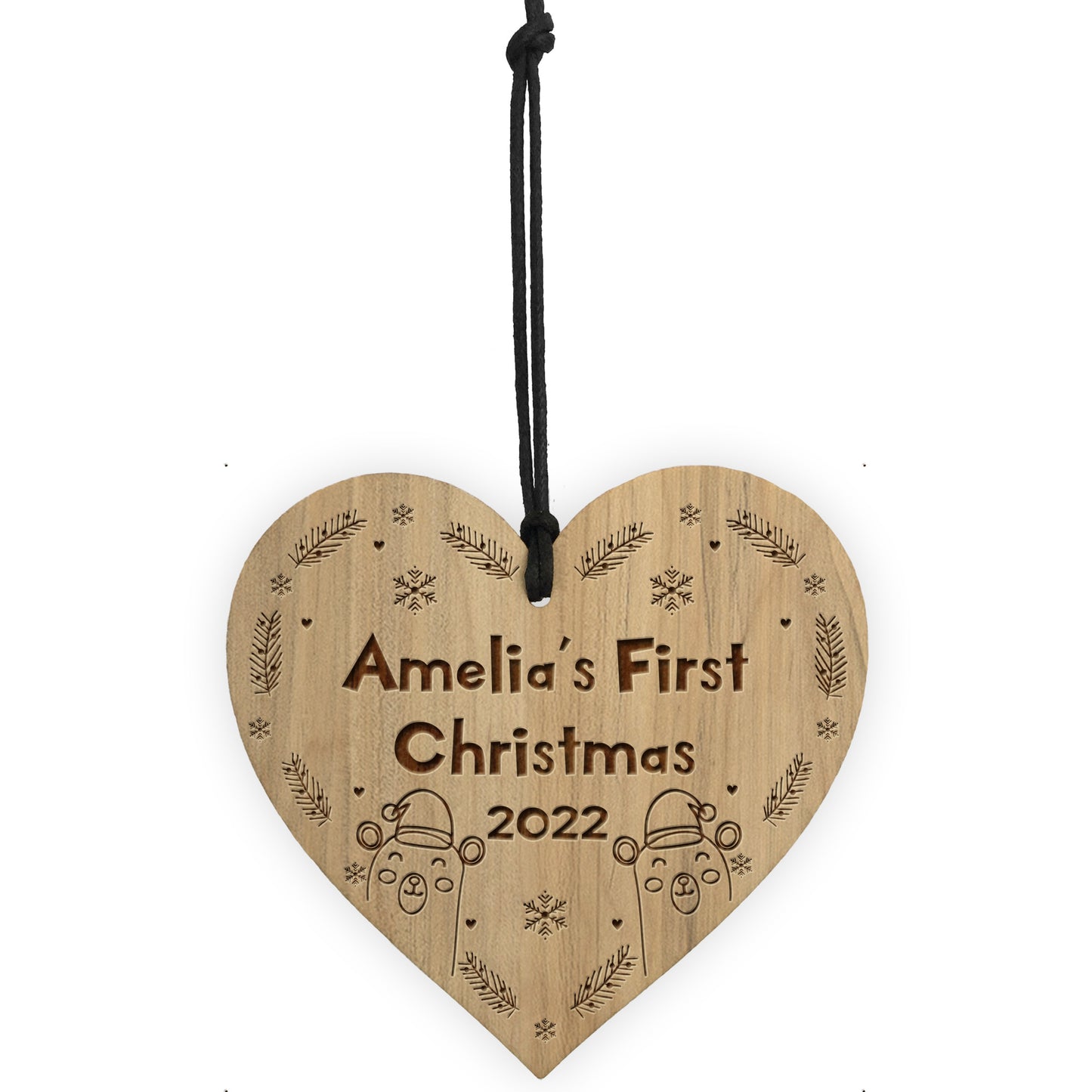 Babys 1st Christmas Engraved Wood Heart Daughter Son Decoration