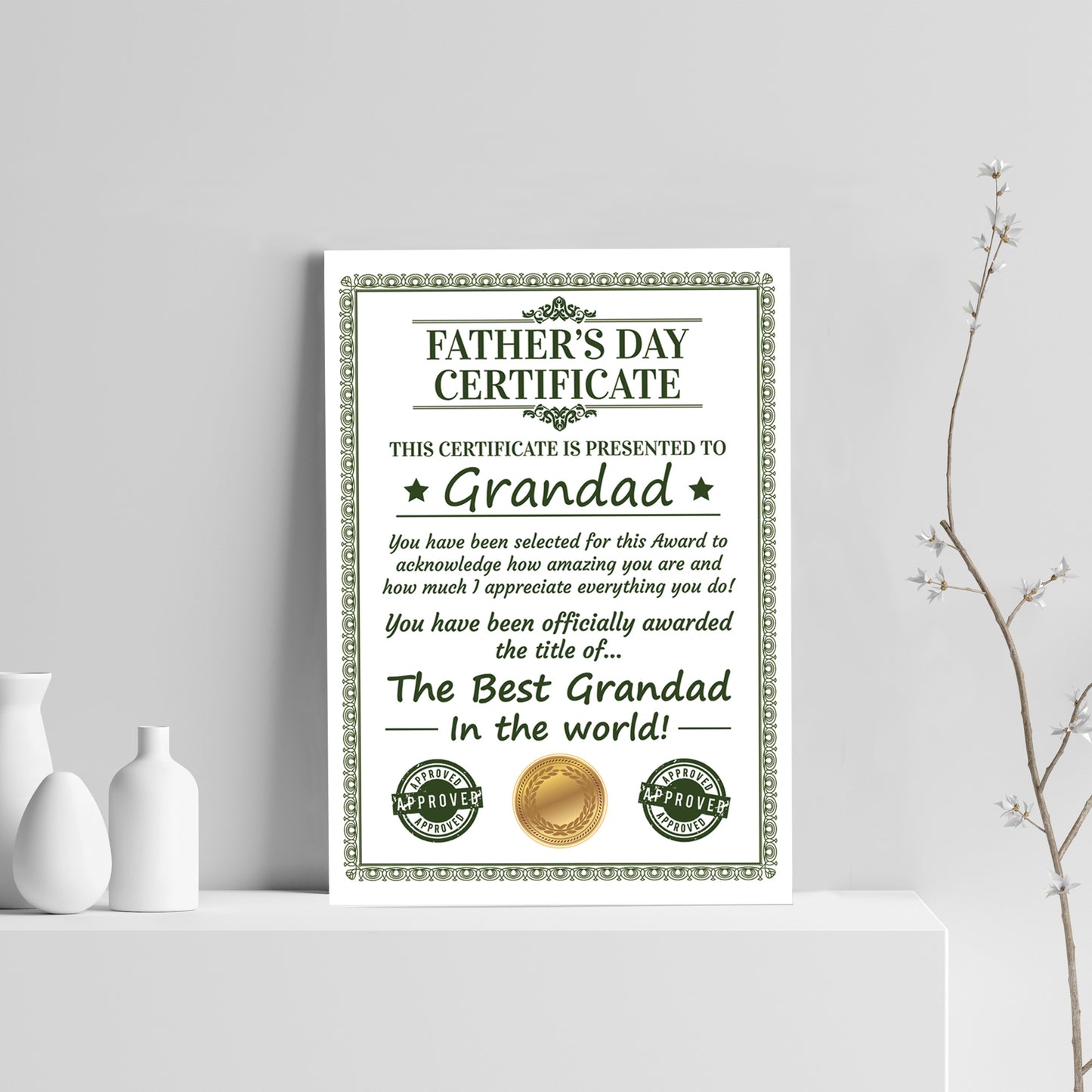 Grandad Certificate For Fathers Day Gift For Grandad Grandparent