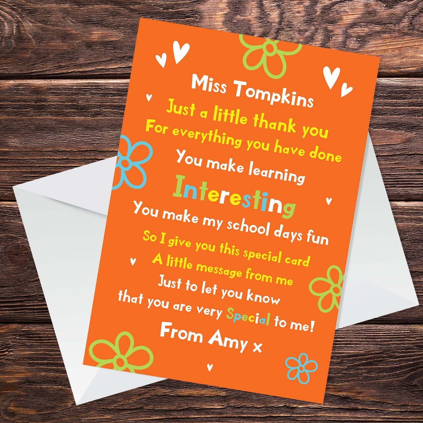 Personalised Teacher Thank You Card Teacher Card School Leavers