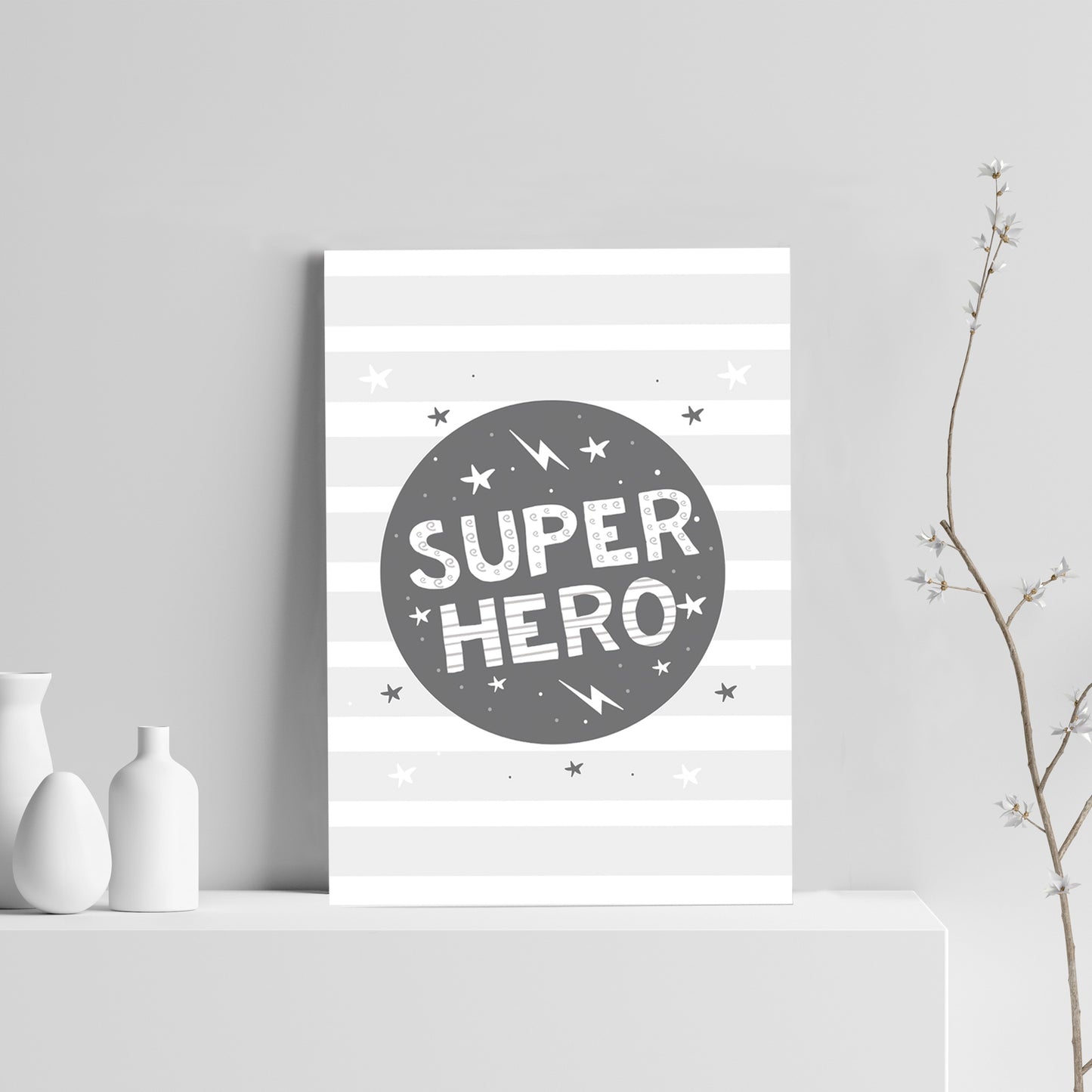 Grey Nursery Print Superhero Child Baby Room Pictures Wall Art