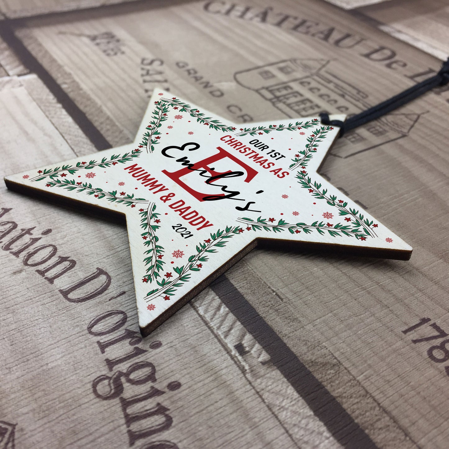 Personalised 1st Christmas As Mummy Daddt Wood Star Tree Decor