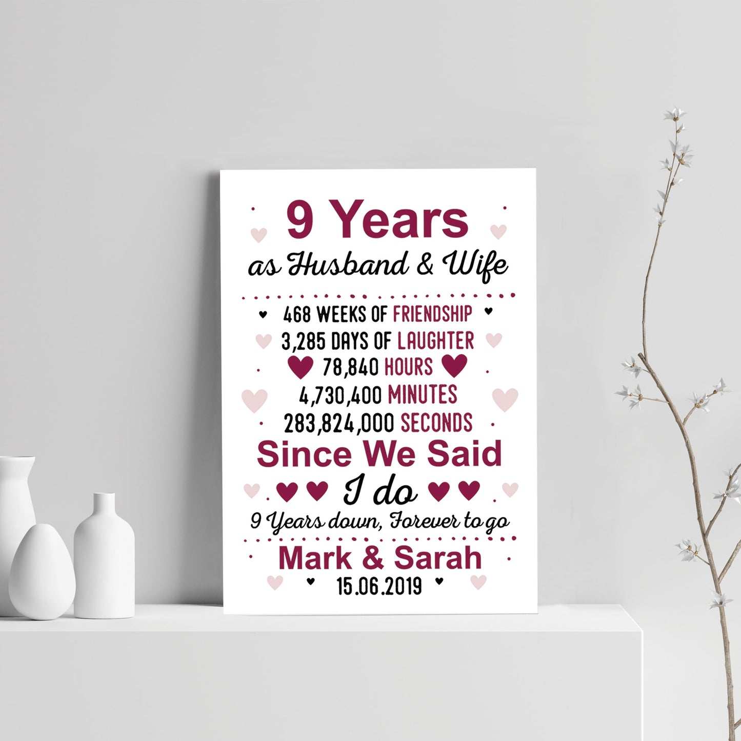 9th Anniversary Gift Personalised Print 9th Anniversary Card