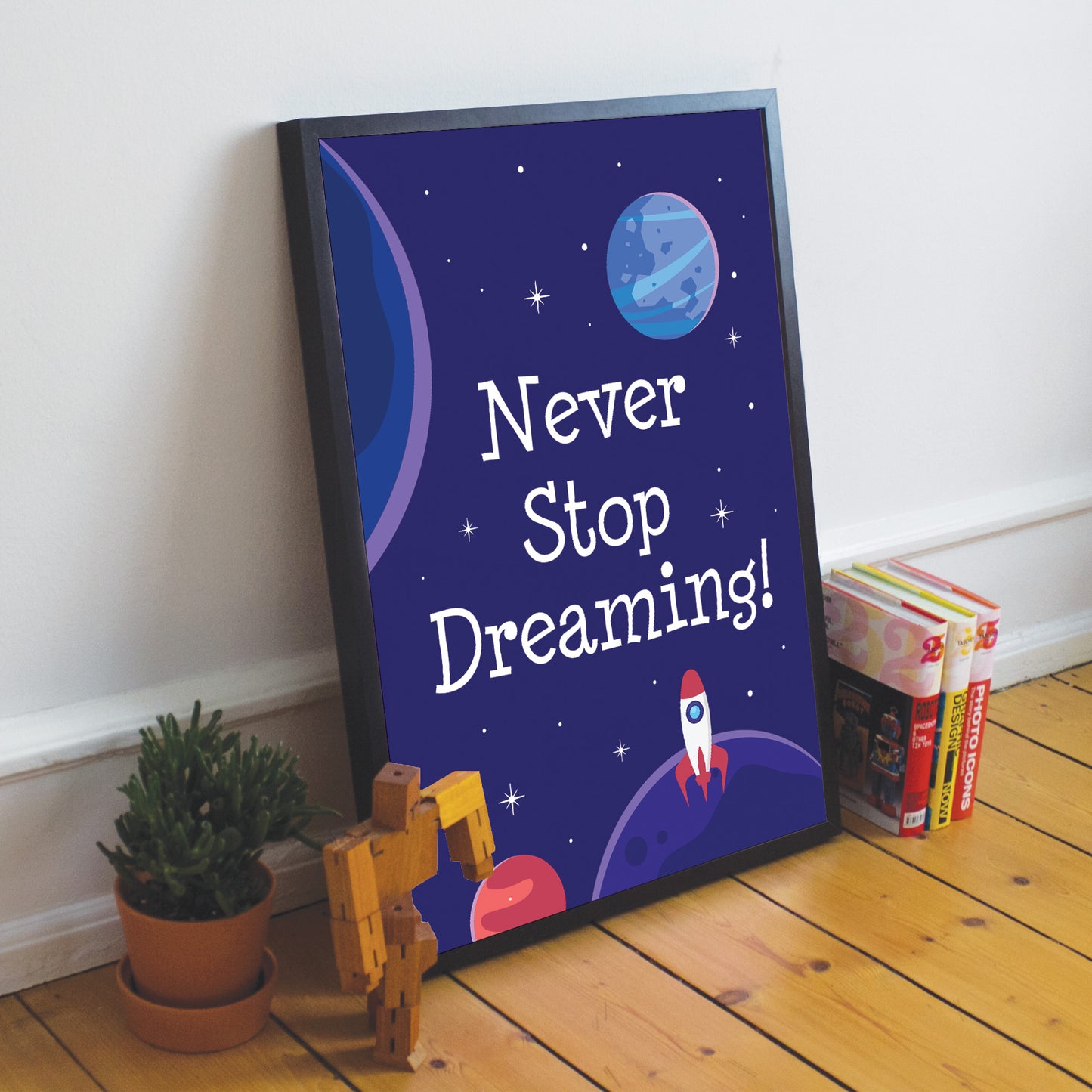 Never Stop Dreaming Quote Space Theme Framed Print Bedroom Sign