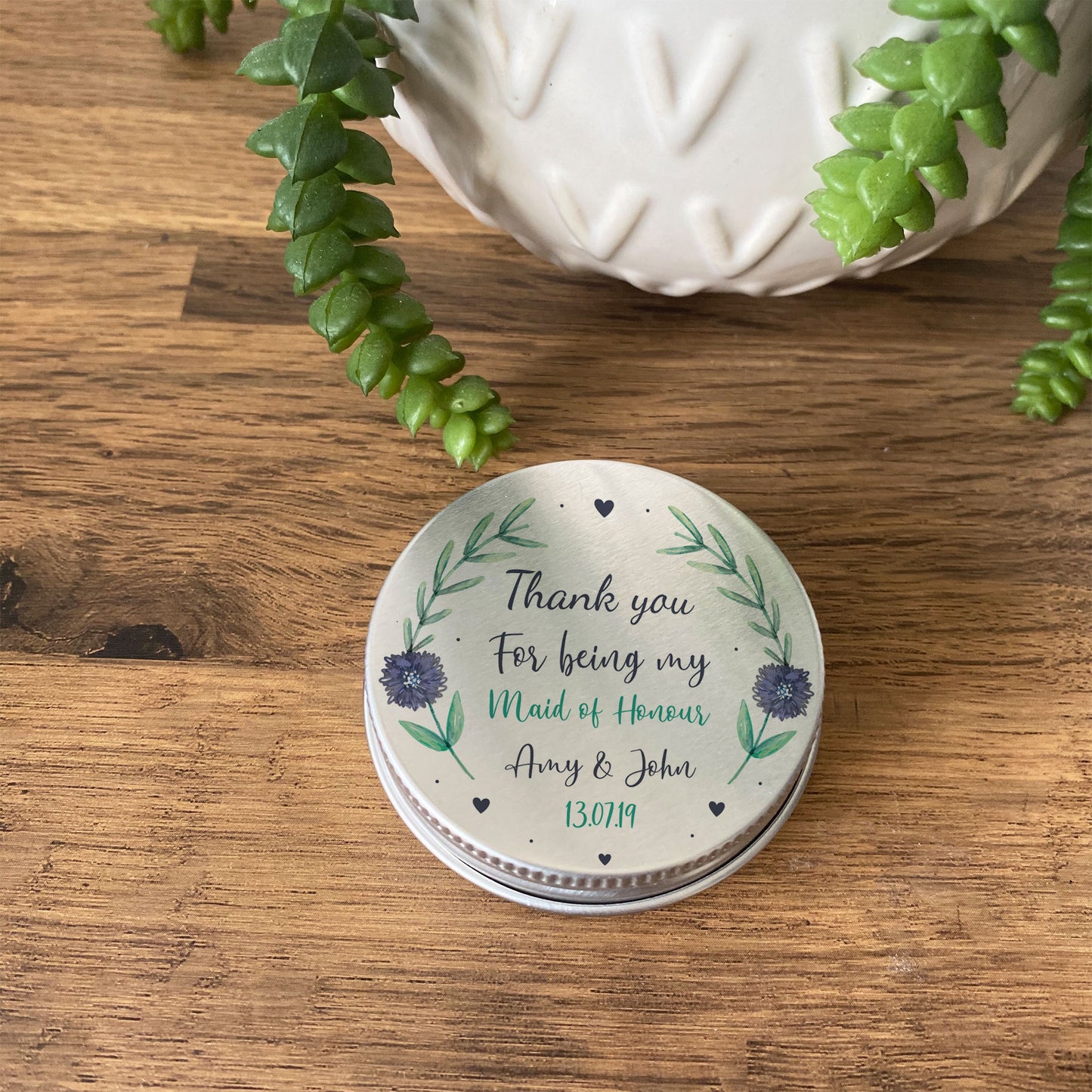 Personalised Wedding Favour Metal Tin Table Decor Maid of Honour