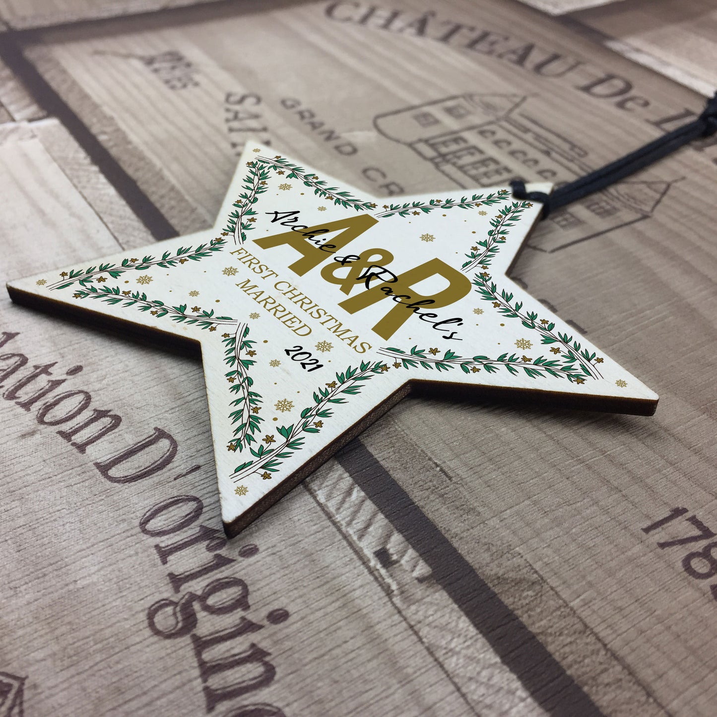 1st Christmas Married Personalised Wooden Star Tree Decoration