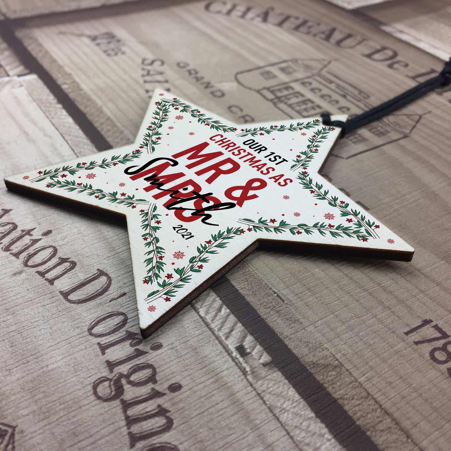 Personalised 1st Christmas As Mr And Mrs Wood Star Tree Decor