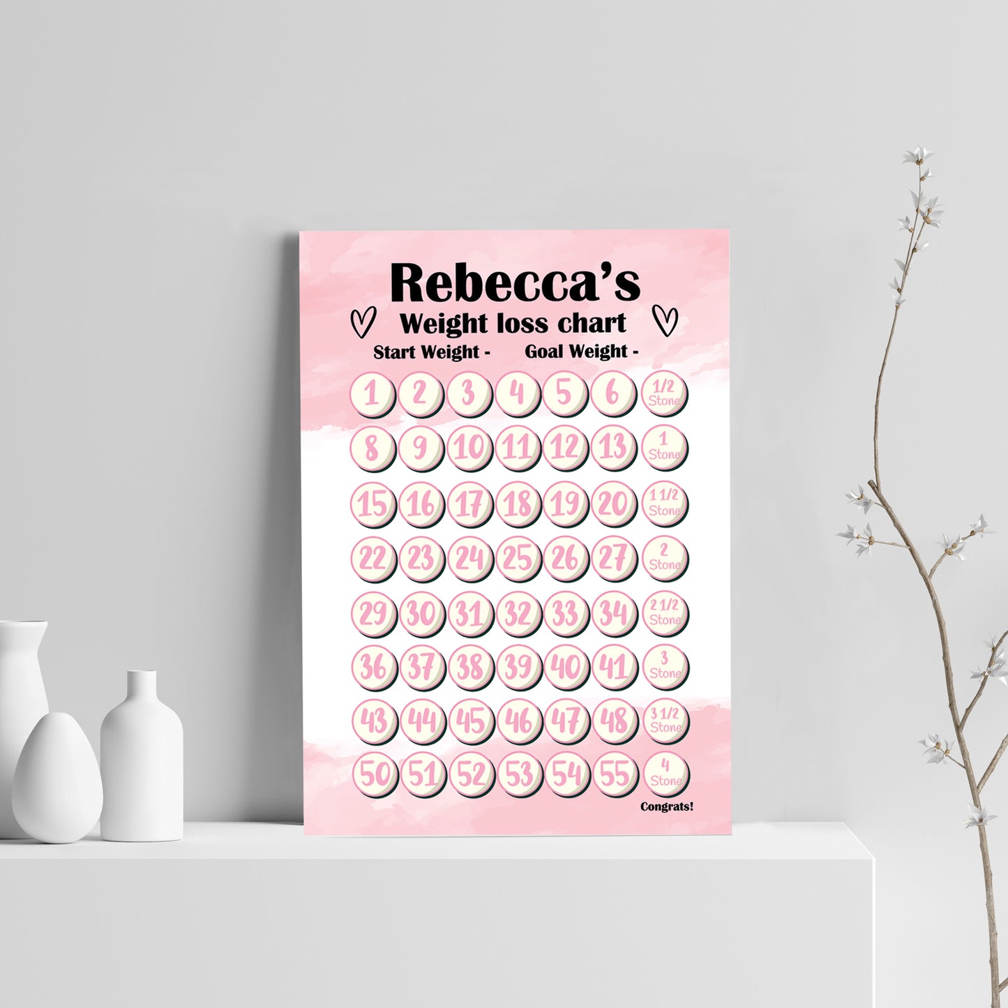 Pink Weight Loss Chart A4 Personalised Print Motivational Diet