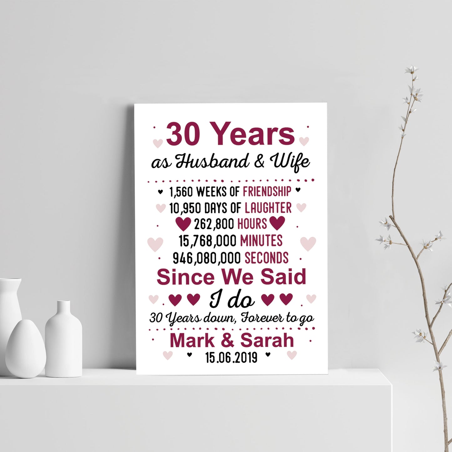 30th Anniversary Gift Personalised Print 30th Anniversary Card