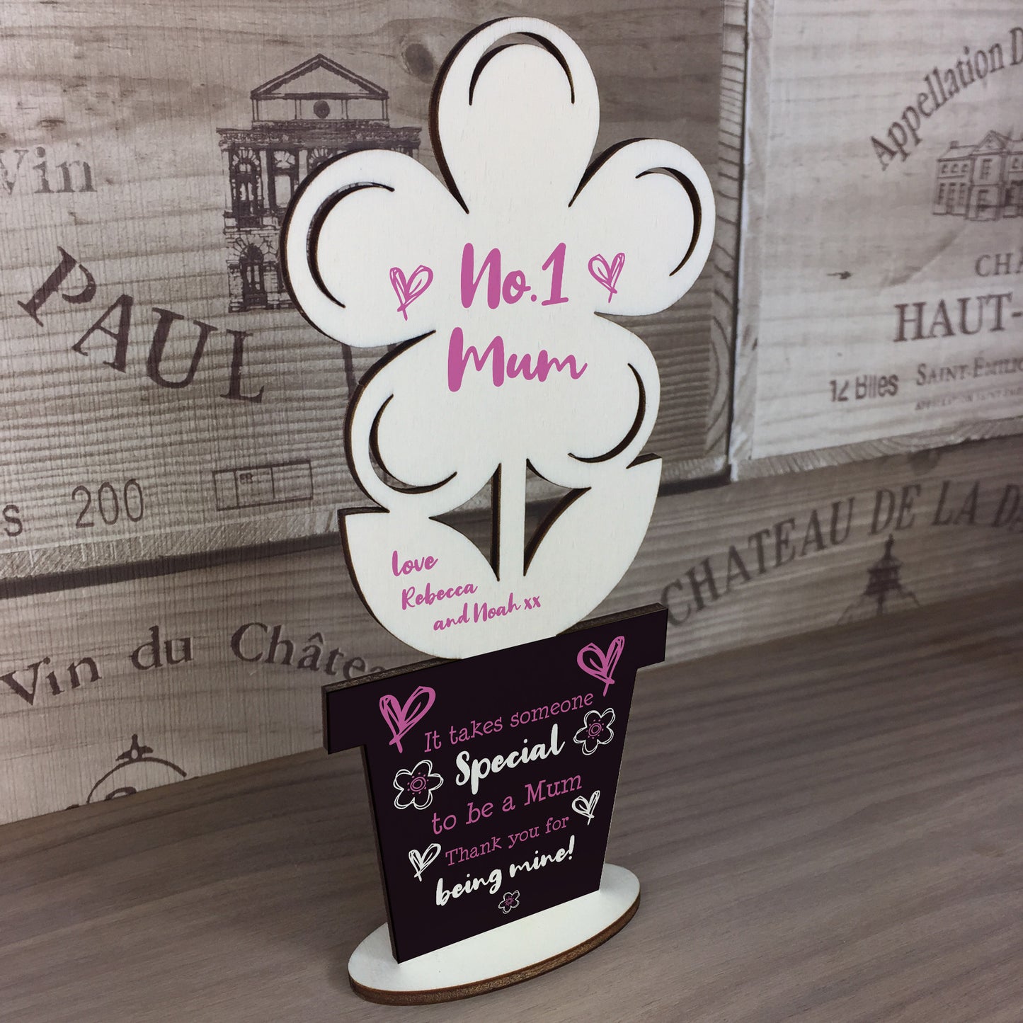 Personalised Wood Flower Mothers Day Birthday Gift For No 1 Mum