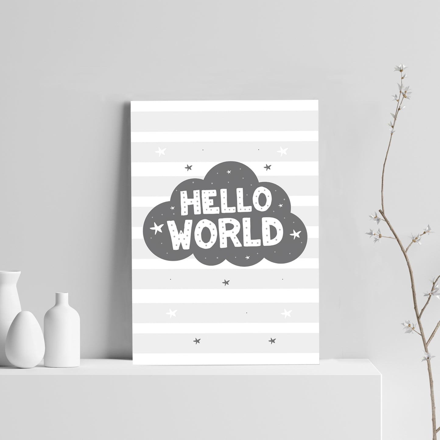 Grey Nursery Print Hello World Baby Room Pictures Wall Art Gift