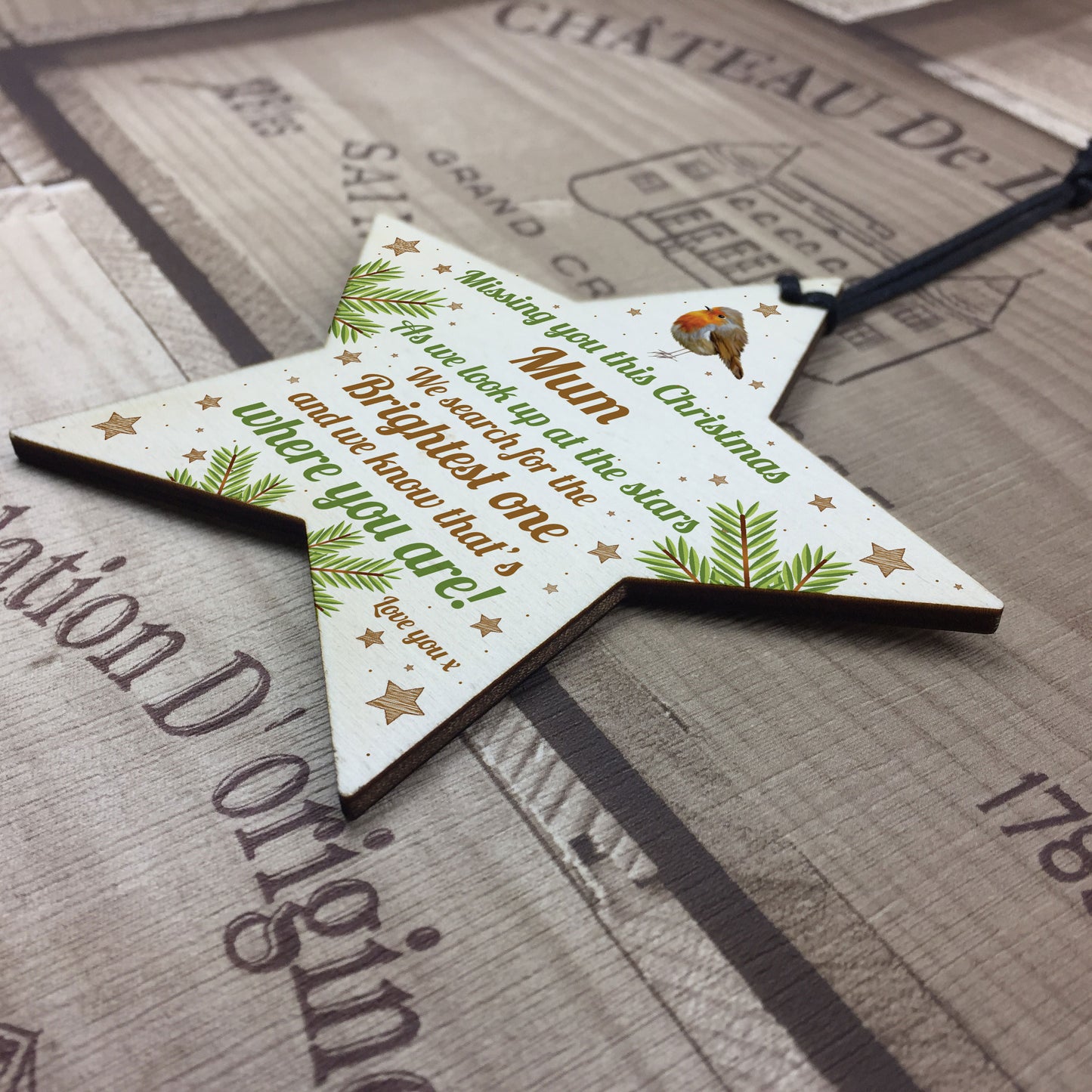Mum Robin Memorial Chirstmas Tree Bauble Wooden Star Xmas Decor