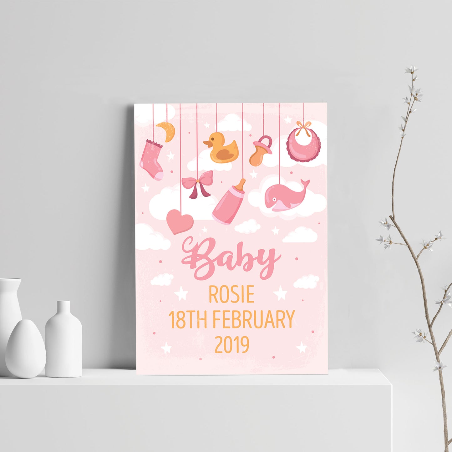 Birth Details Print PERSONALISED Baby Girl Gift Pink Nursery Art