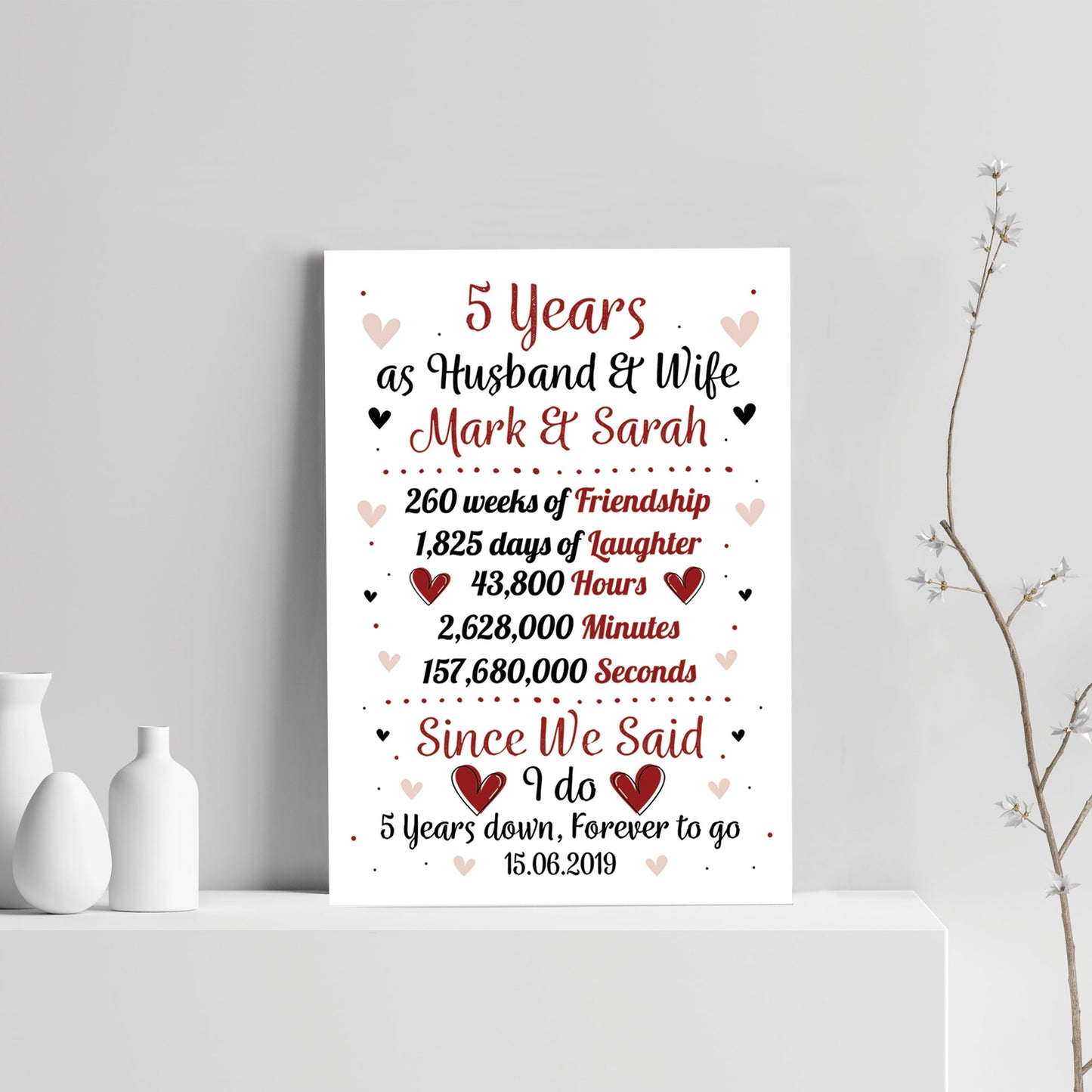 Personalised Wedding Print 5th Year Anniversary Husband Wife