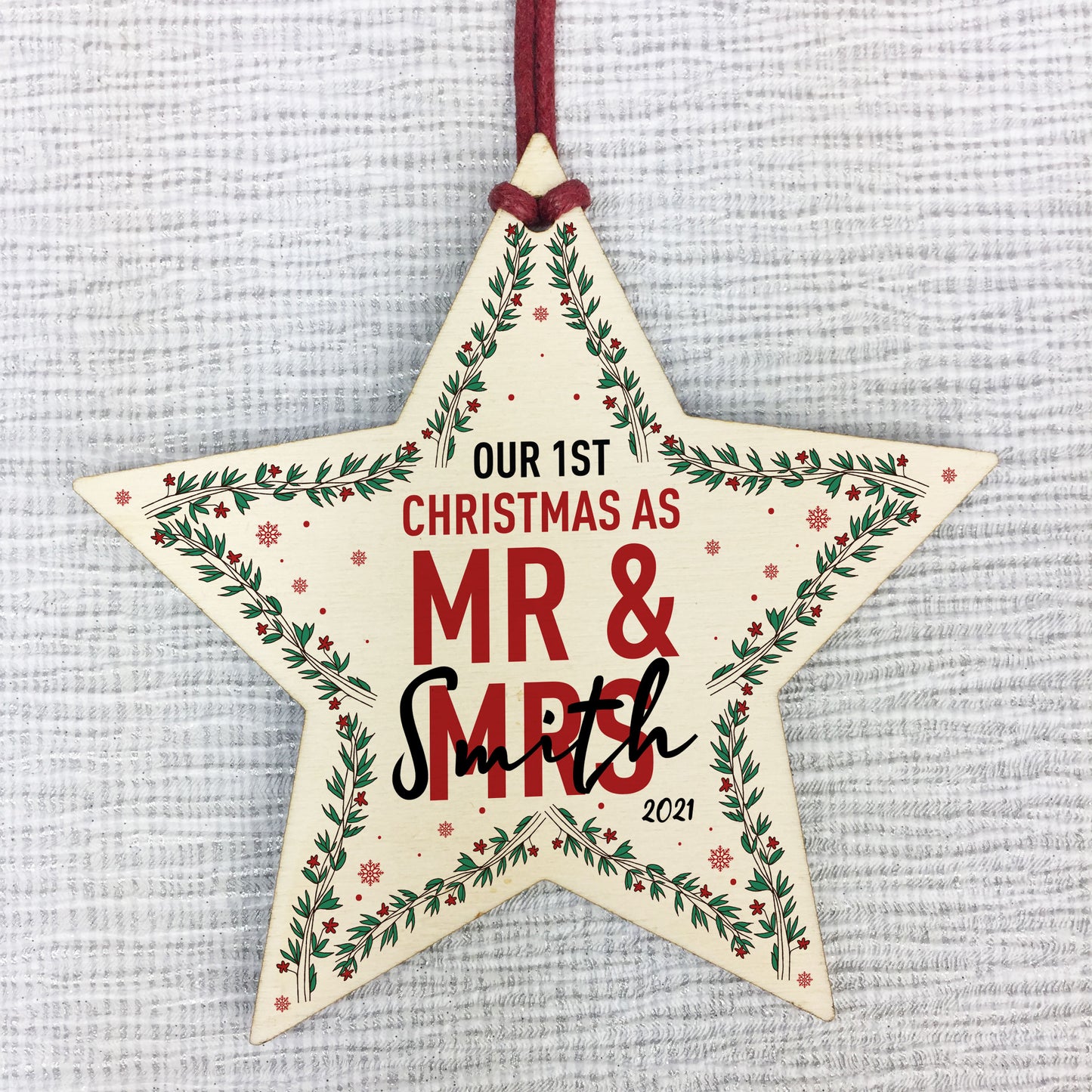 Personalised 1st Christmas As Mr And Mrs Wood Star Tree Decor