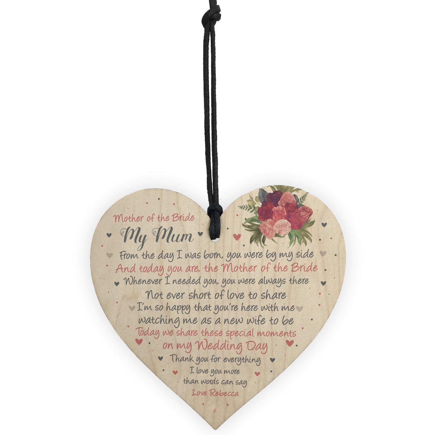 Mother of the Bride Personalised Wood Heart Wedding Gift Poem
