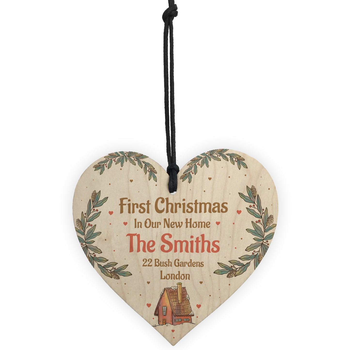 First Christmas New Home Personalised Tree Decoration Wood Heart