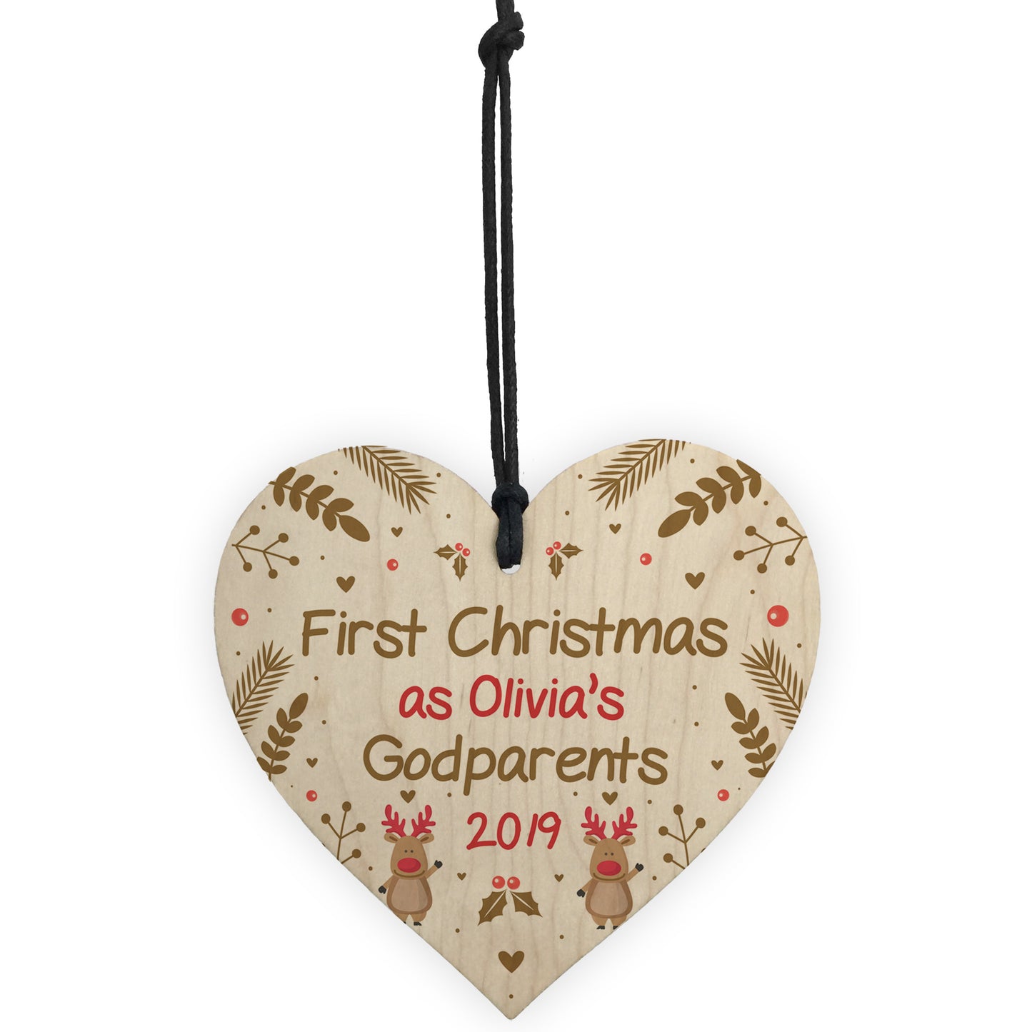 Godparents Gift Personalised 1st Christmas Decoration Wood Heart