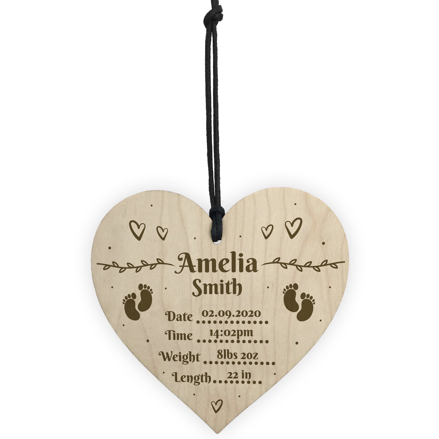 Personalised New Baby Gift Birth Details Wood Heart Nursery Gift