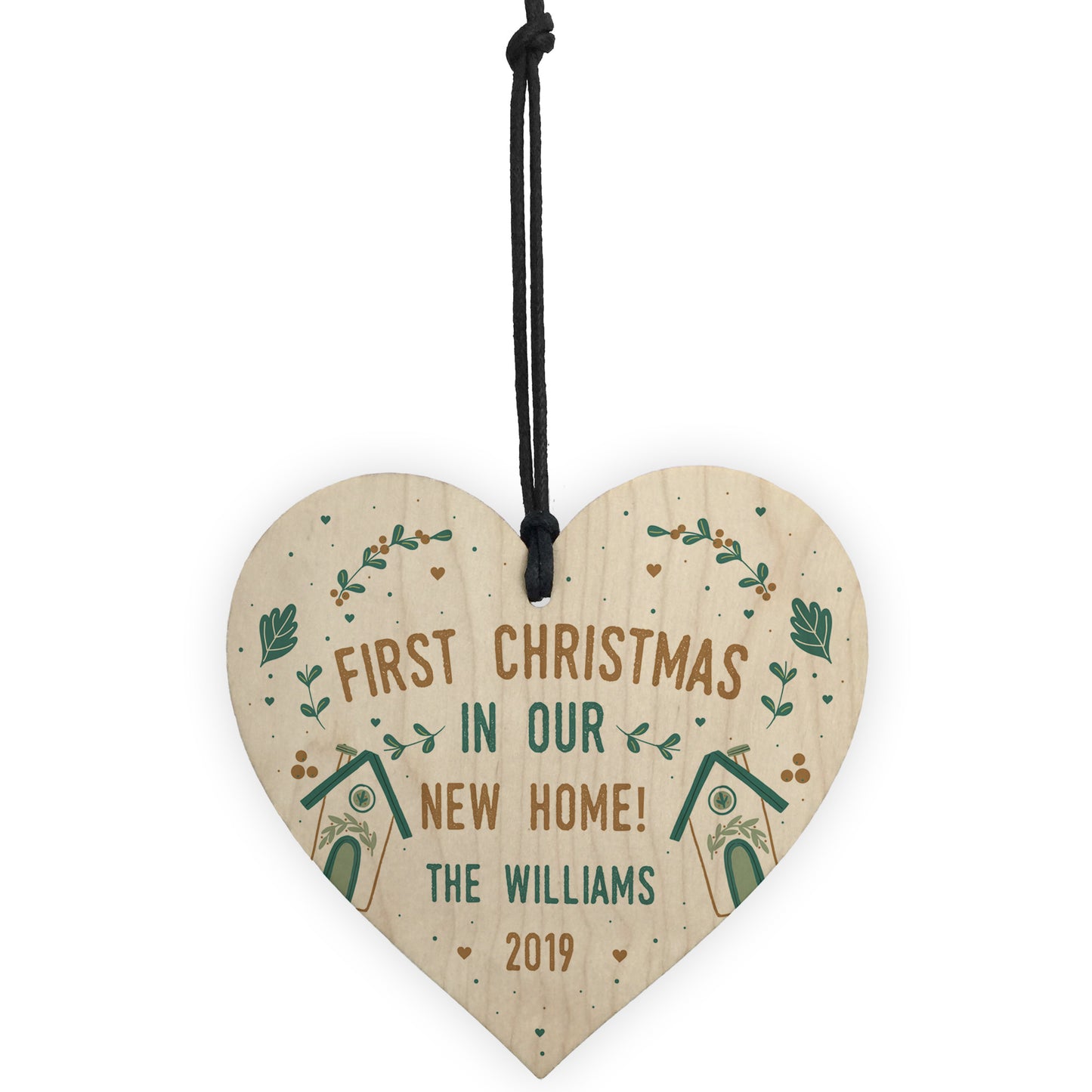 Personalised Family Name 1st Christmas In New Home Wood Heart