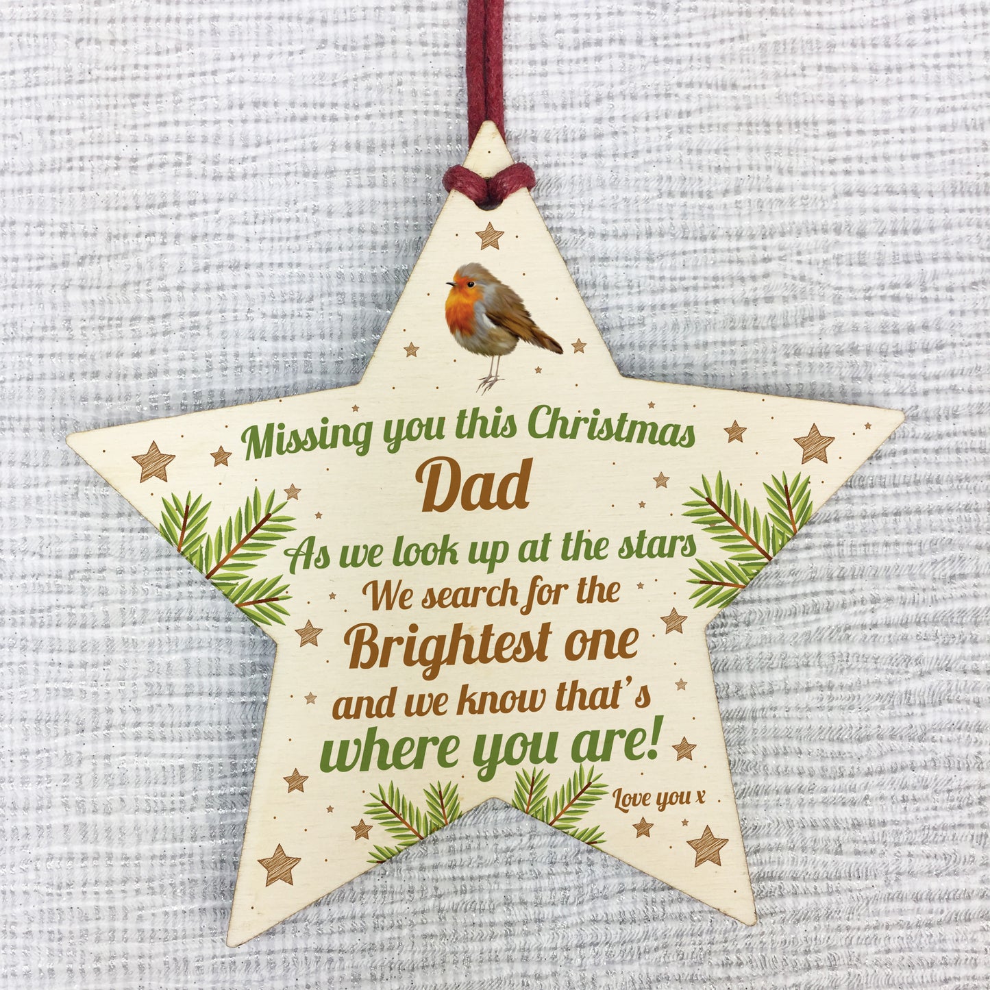 Dad Robin Memorial Chirstmas Tree Bauble Wood Star Xmas Decor