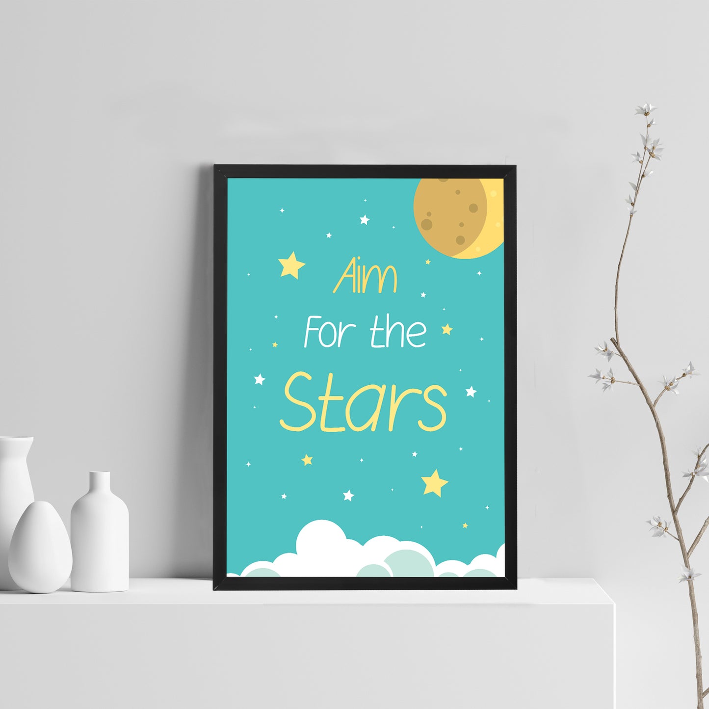 Aim For The Stars Space Wall Art Child Boys Bedroom Print Framed