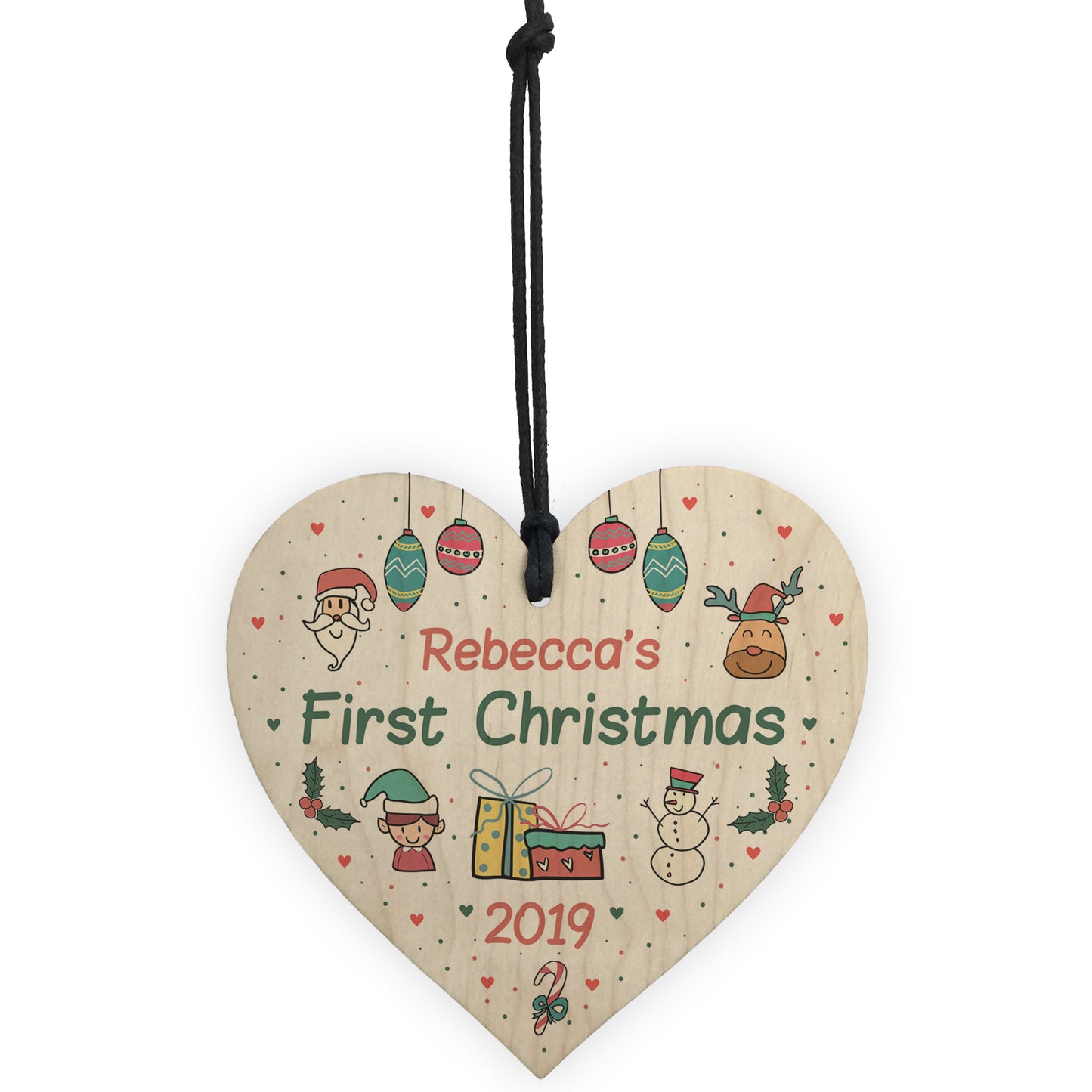 Personalised Baby's First 1st Christmas Bauble Wood Heart Gift
