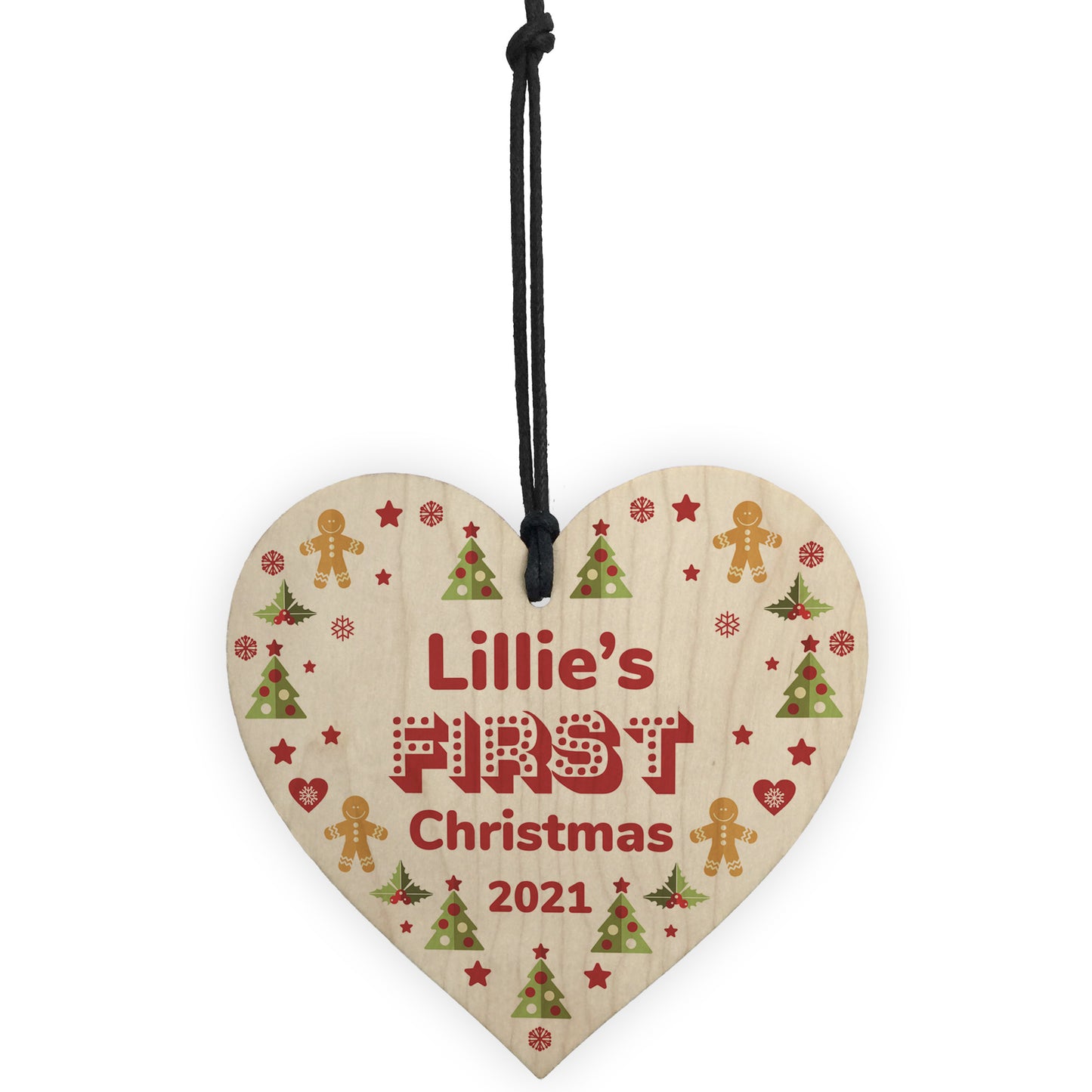 Cute Personalised Baby's First 1st Christmas Bauble Wood Heart