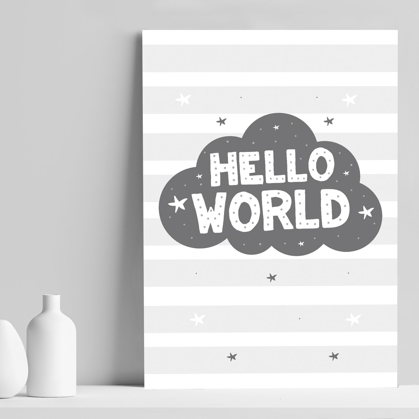 Grey Nursery Print Hello World Baby Room Pictures Wall Art Gift