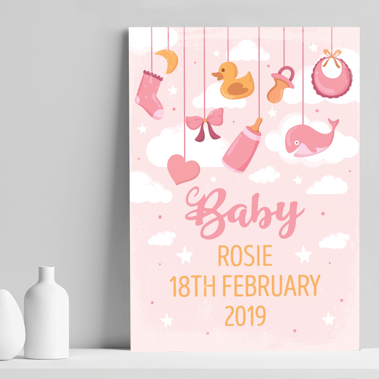 Birth Details Print PERSONALISED Baby Girl Gift Pink Nursery Art