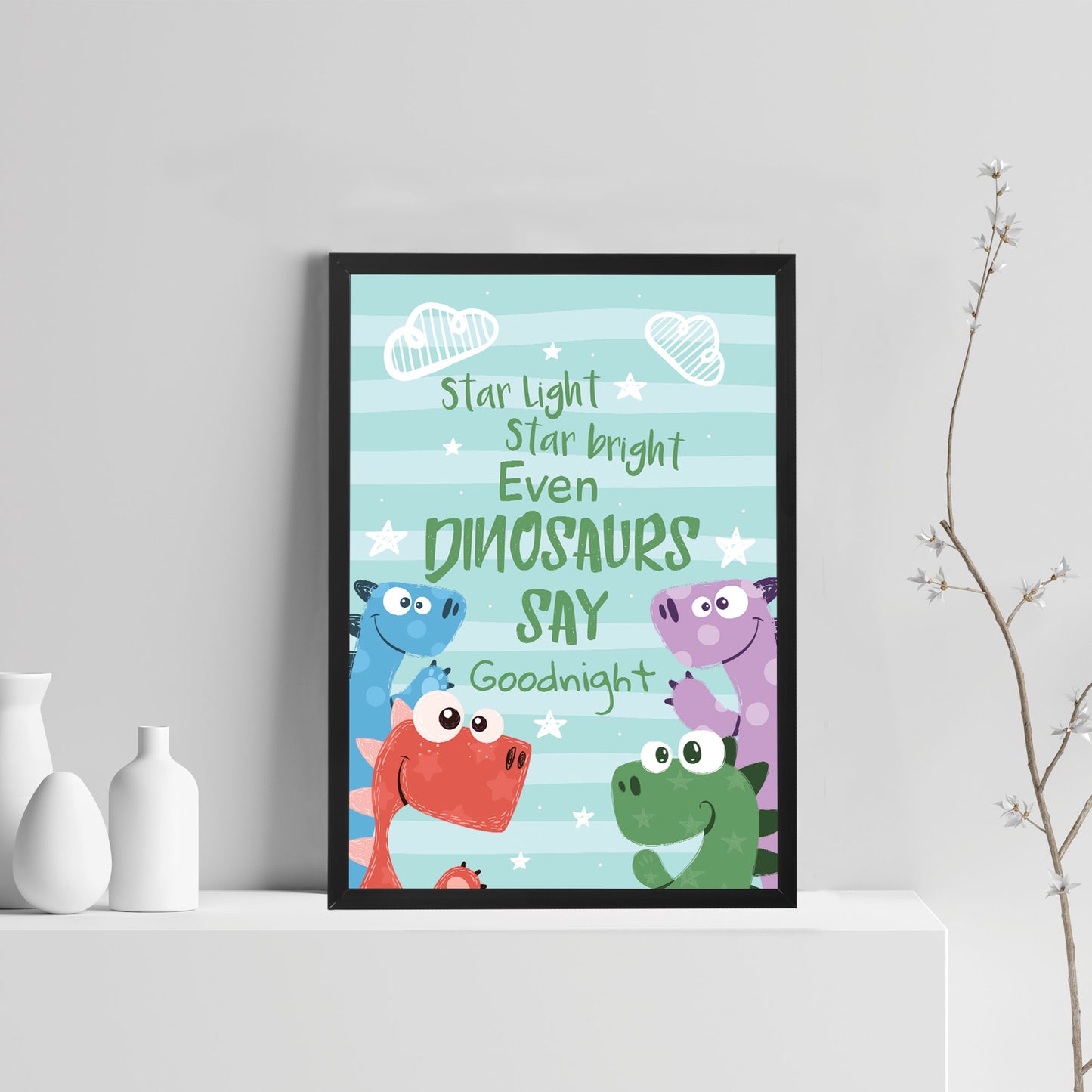 Framed Dinosaur Print For Boys Bedroom Nursery Decor Wall Art