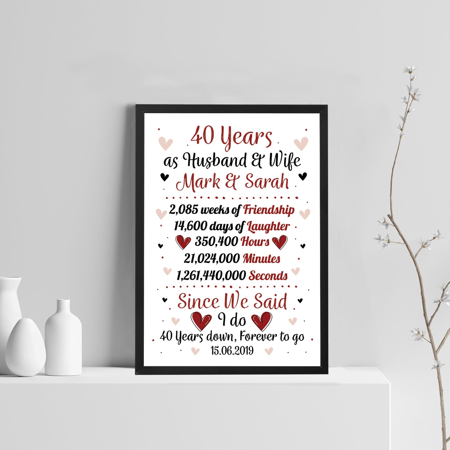 Personalised 40th Wedding Gift Framed Print 40th Anniversary